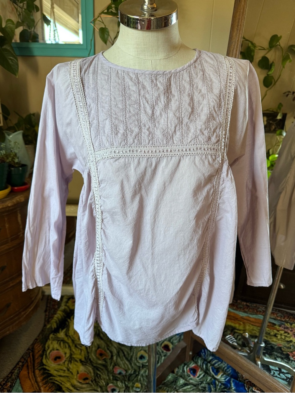 World Market Cotton Tunic Top Women L XL Boho Long Sleeve Lilac Blouse